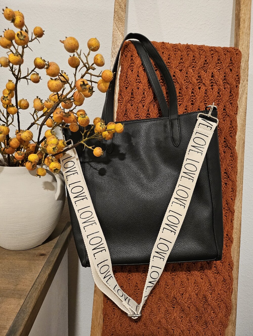 Rae DUNN Black Women's Tote Bag with Removable 'LOVE' Strap